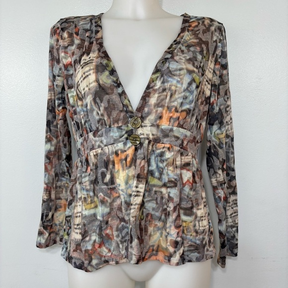 ETHYL Multi Color Funky Abstract Leopard Print 2 Button Blouse Size S - Picture 1 of 7